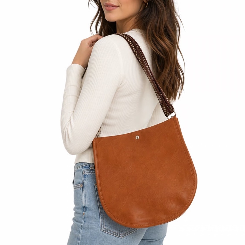Ahdorned Double-Entry U-Shaped Womens Handbag Brown Shoulder Bag with Pouch